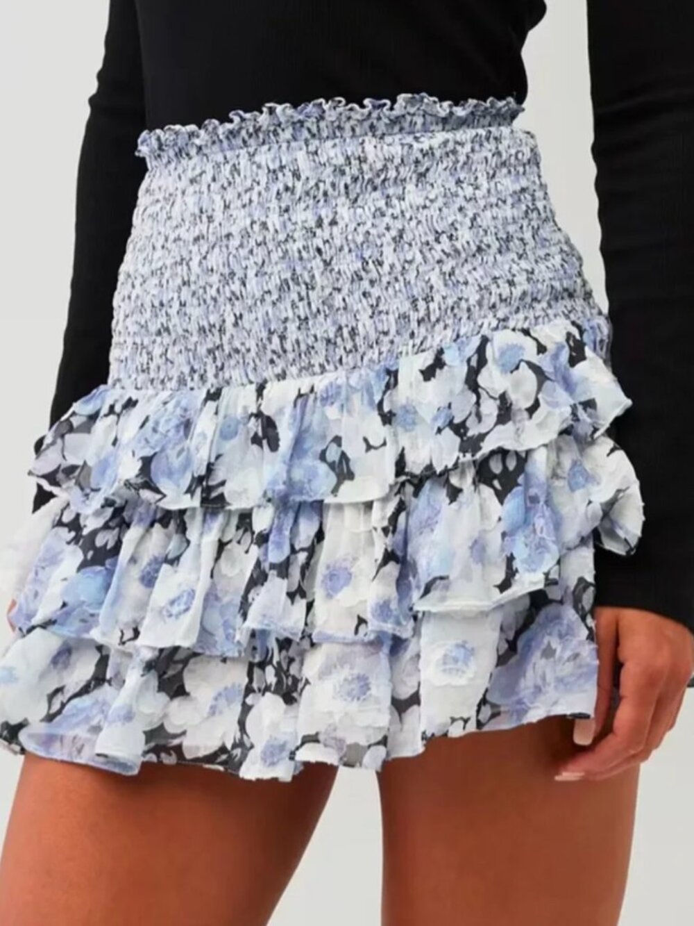 LoveShackFancy Blue Floral Ruffle Skirt